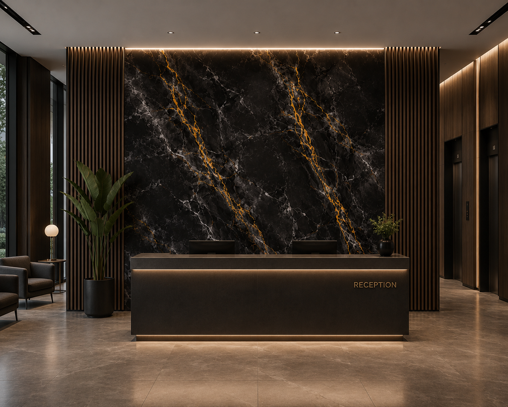 Panneau Mural PVC UV Effet Marbre 4' x 8' - Noir/blanc/or