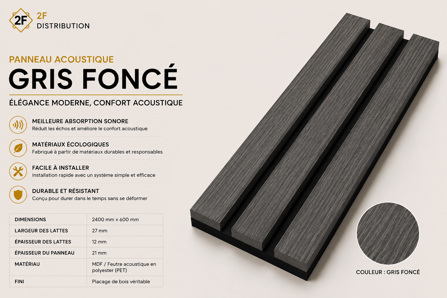 Acoustic Wall Panel 2' x 8' - Dark Grey